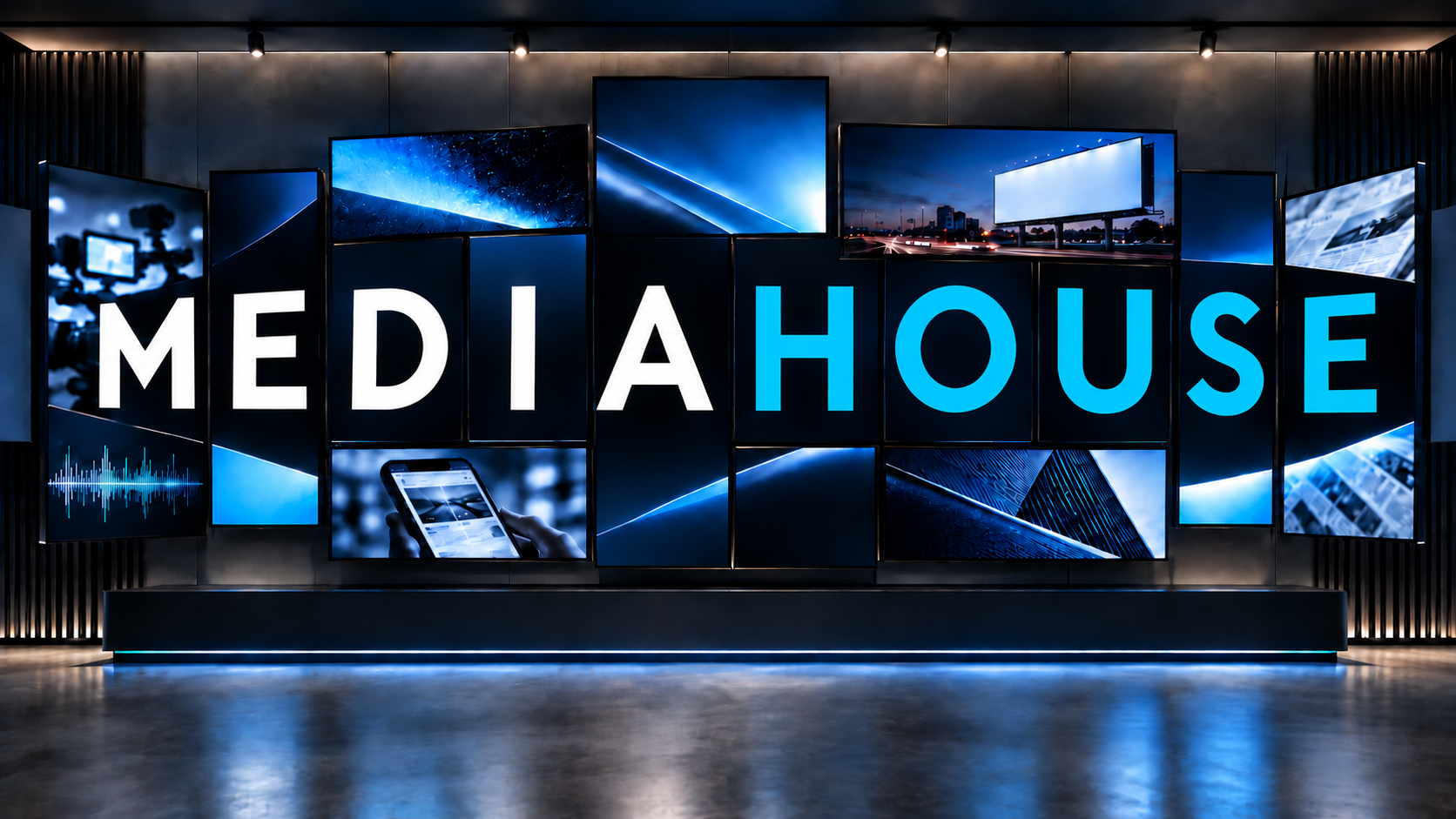 קיר מסכי מדיה עם הכיתוב MEDIA בלבן ו־HOUSE בתכלת